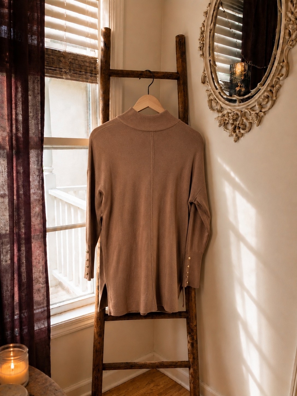 Womens Soft Brown Mock Neck Long Sleeve Knit Top Classic Capsule Wardrobe